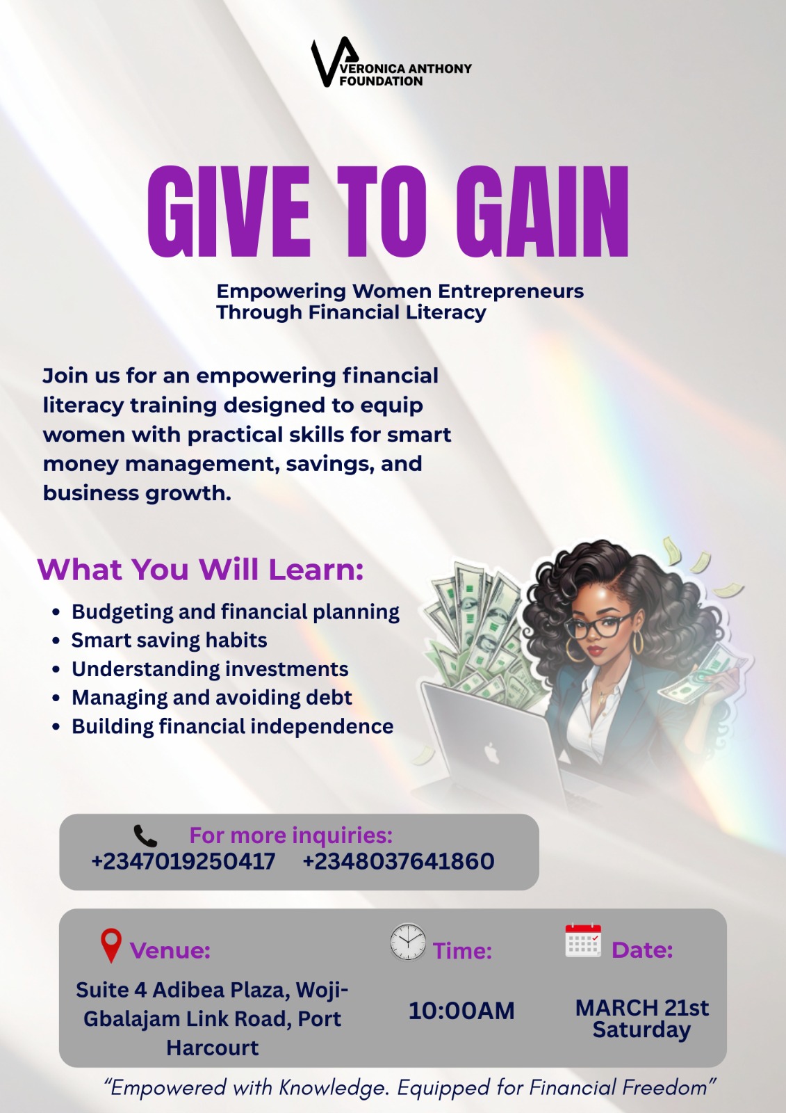 Give to Gain financial literacy training flyer